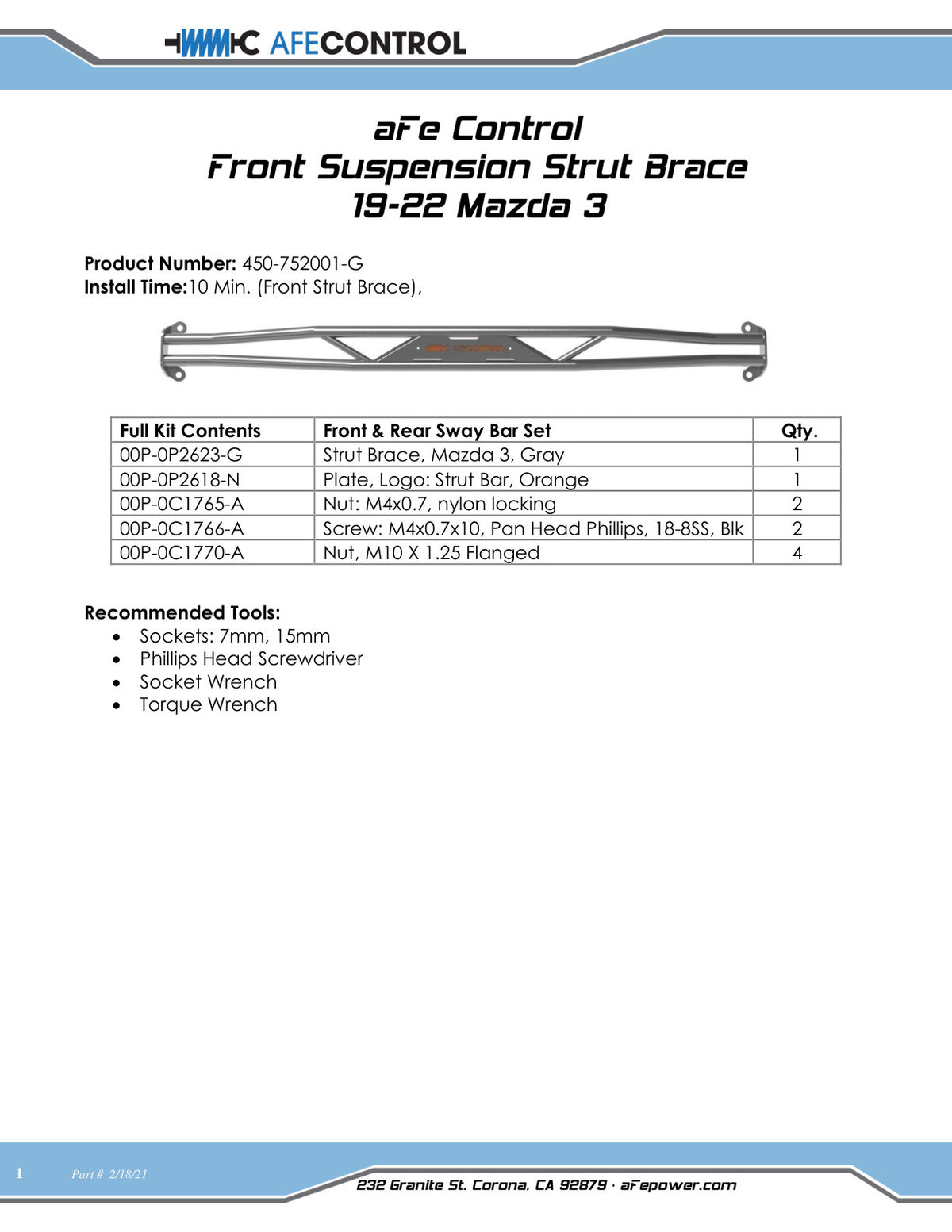 aFe CONTROL Front Suspension Strut Brace Gunmetal Gray | Mazda 3 (19-22) (450-752001-G)