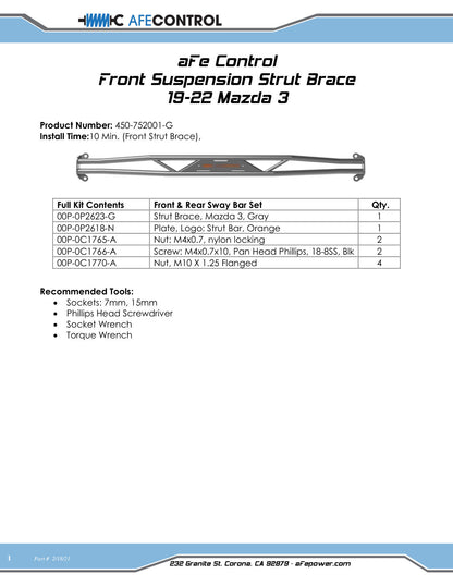 aFe CONTROL Front Suspension Strut Brace Gunmetal Gray | Mazda 3 (19-22) (450-752001-G)
