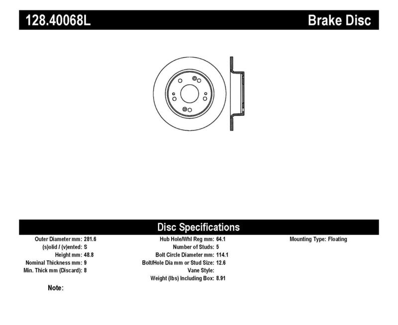 Stoptech 128.40068L Sport Cross-Drilled Disc Brake Rotors For Honda Accord