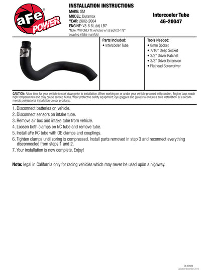 aFe Bladerunner Intercooler Tube Out | GM Diesel Trucks 01-07 (46-20047)