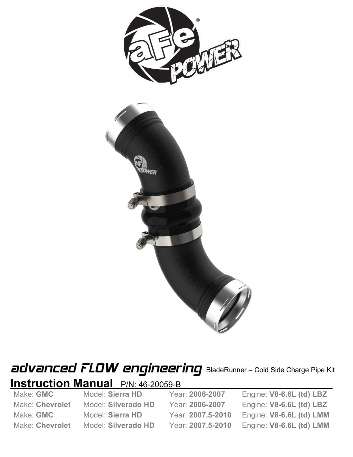 aFe BladeRunner Charge Pipe GM Diesel 06-14 V8-6.6L | Silverado/Sierra 07-14 (46-20059-B)