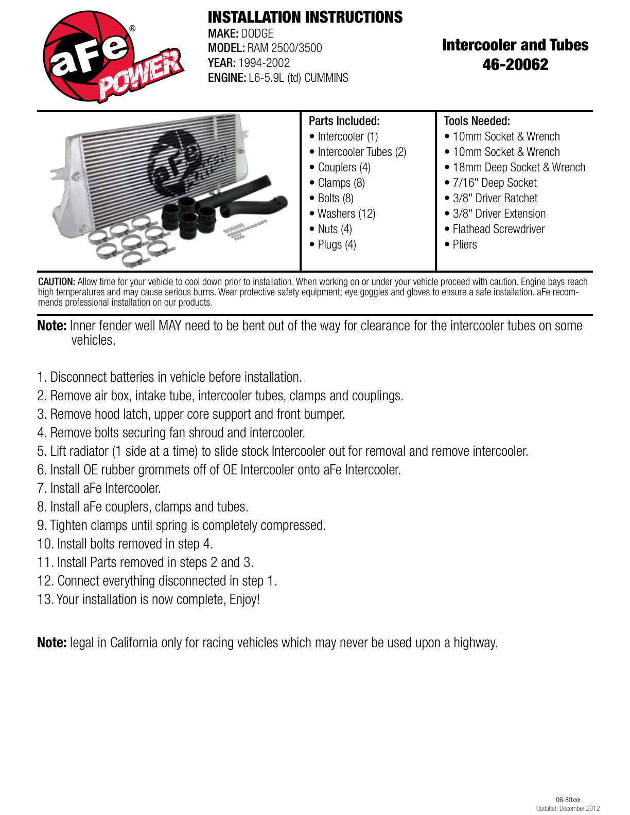 aFe 46-20062 Bladerunner Intercooler | Dodge Ram 2500/3500 Van (94-02) (LG-5.9L)