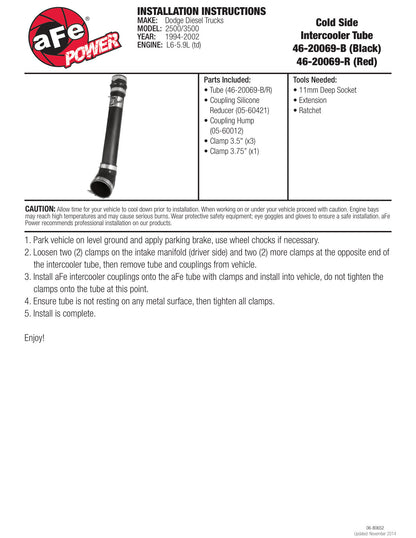 aFe 3in Bladerunner Intercooler Tube | Dodge Ram 2500/3500 Van (94-02) (46-20069-B)