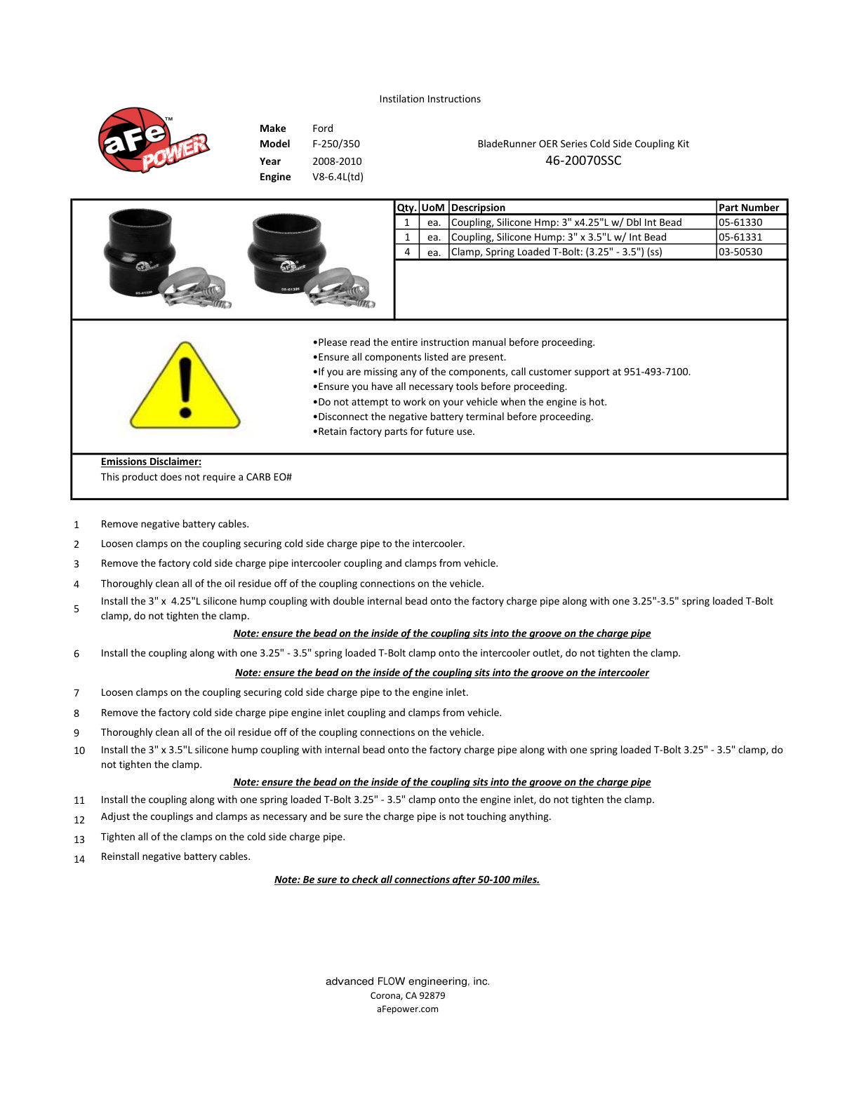 aFe BladeRunner Intercooler Coupling Kit | Ford Diesel Trucks 08-10 (46-20070SSC)