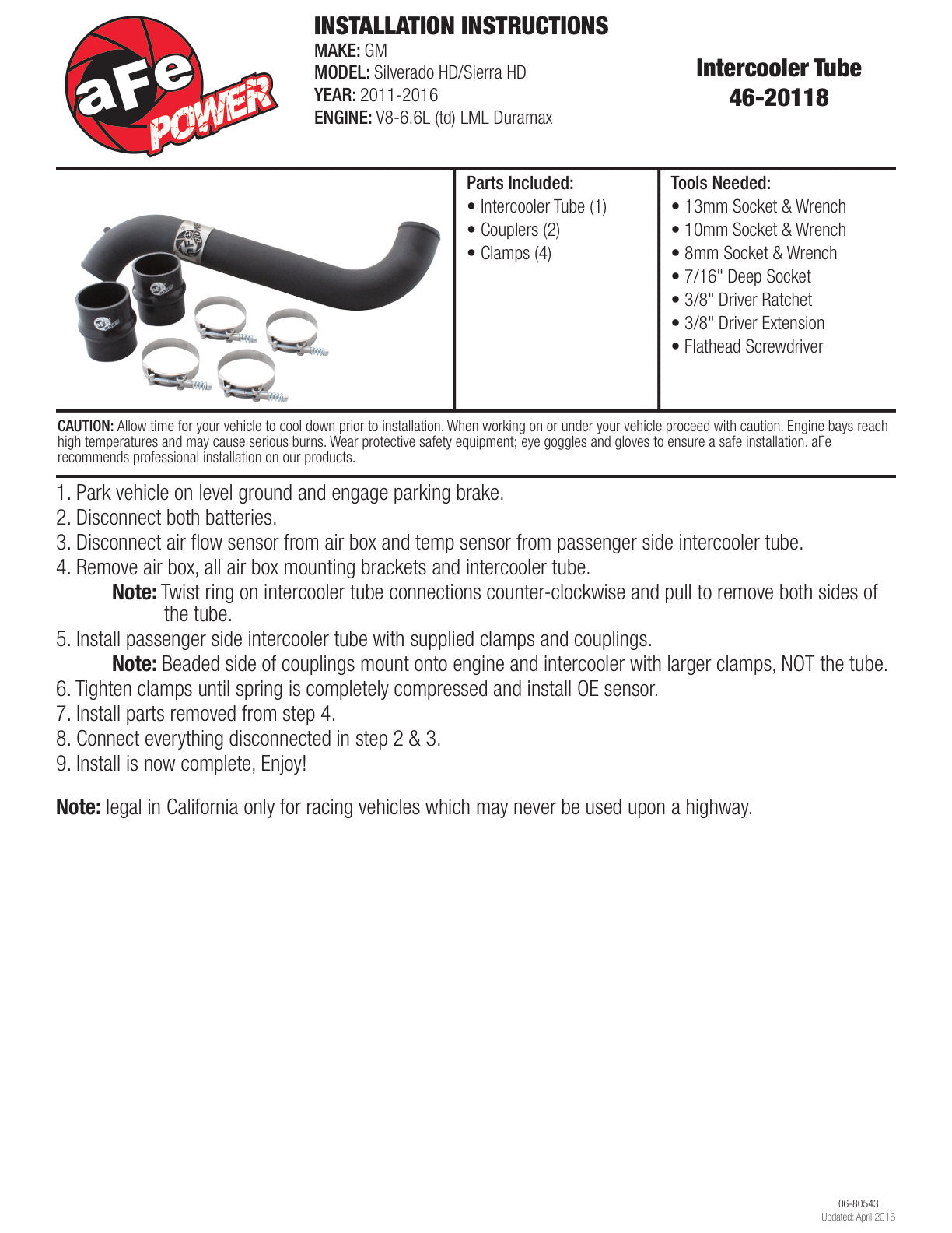 aFe Bladerunner 3in SS Intercooler Tube | GM Diesel Trucks 6.6L LML (11-13) V8 (46-20118)