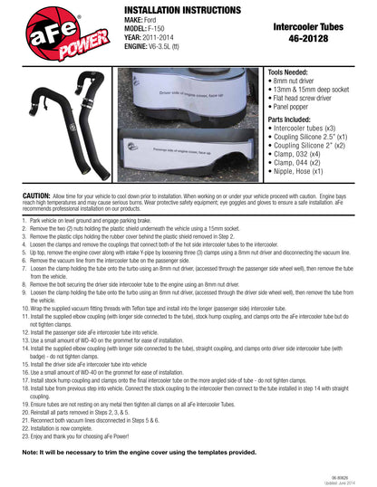 aFe Bladerunner 2.5in Intercooler Inlet Tubes | Ford F-150 V6 3.5L Ecoboost 11-14 (46-20128)