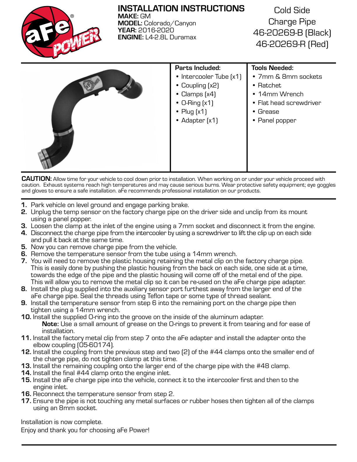 aFe 3in Red IC Tube Cold Side w/Coupling & Clamp Kit | GM Colorado/Canyon 2.8L (46-20269-R)