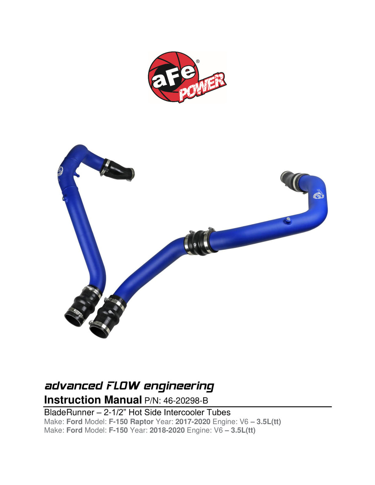 aFe Bladerunner 2.5in Hot Side IC Tubes w/SS Clamps | Ford F-150 Raptor V6 3.5L (17-20) (46-20298-B)