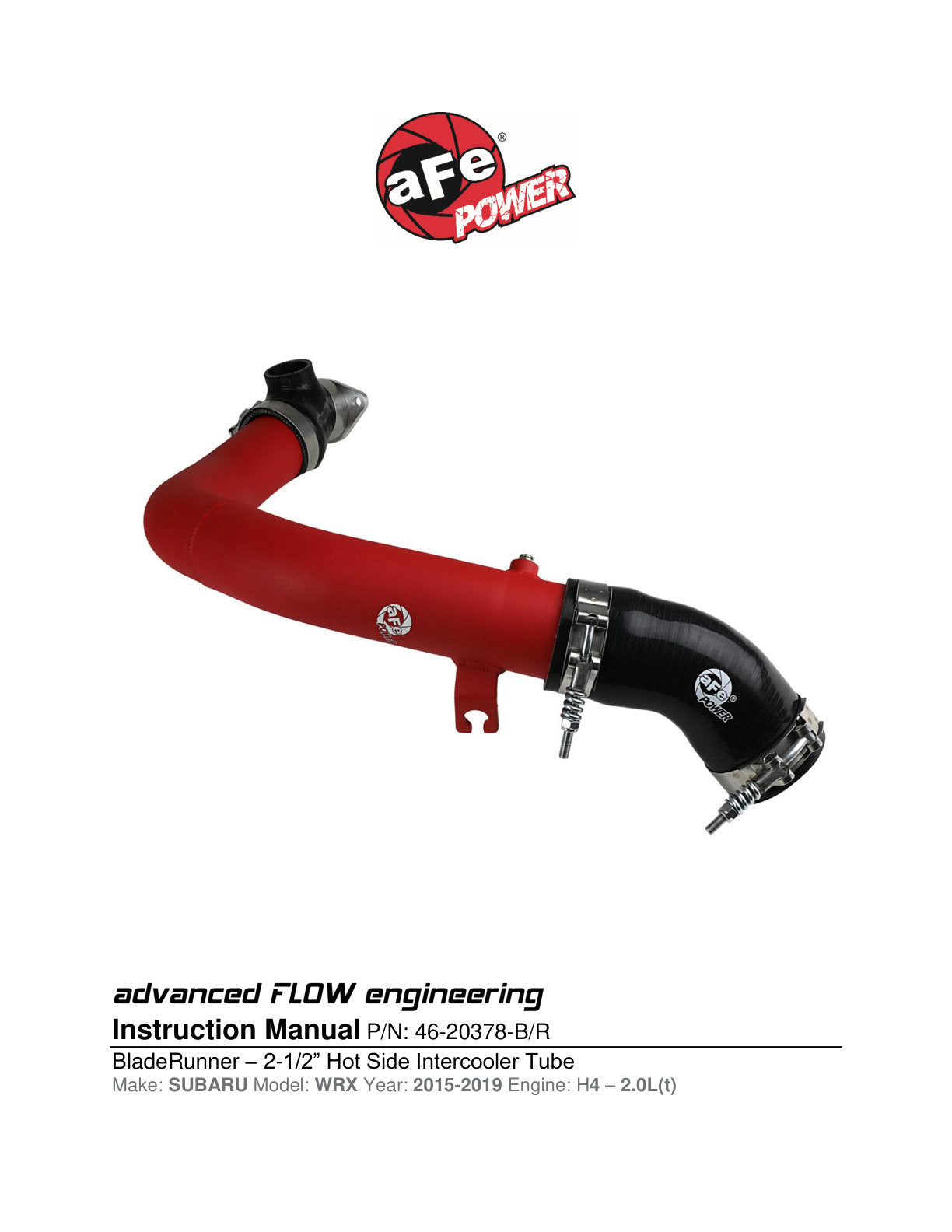 aFe BladeRunner 2.5in Aluminum Hot Side Charge Pipe | Subaru WRX 2.0T (15-20) (46-20378-R)