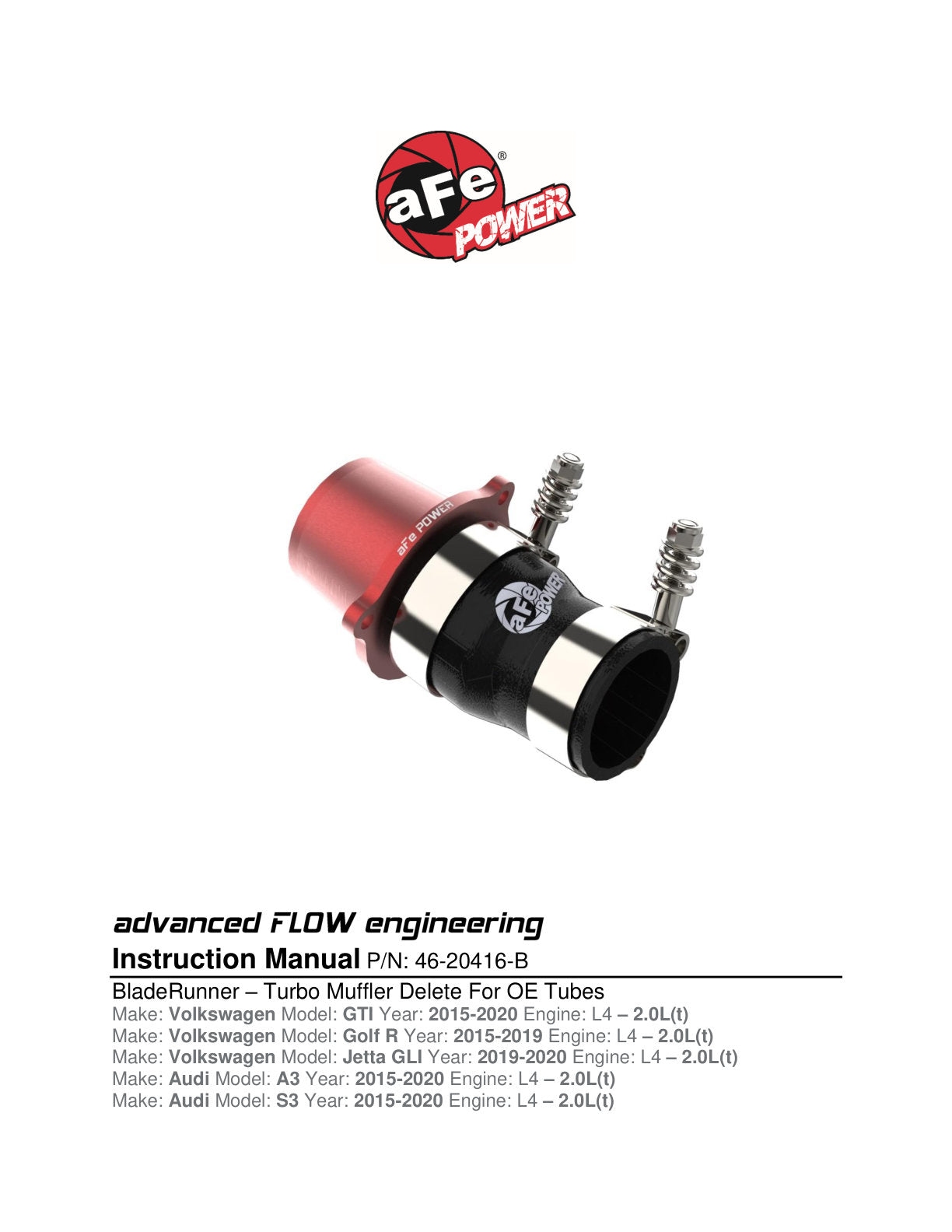 aFe BladeRunner Turbo Muffler Delete | VW Golf R/GTI 13-20 (46-20416-R)