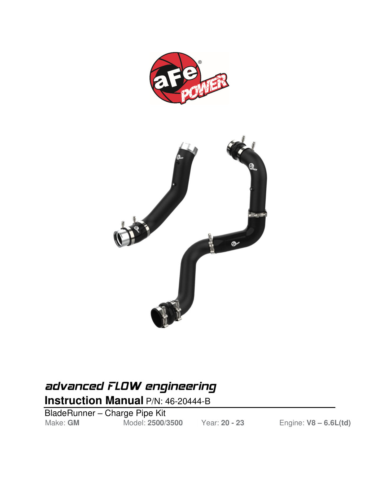 aFe BladeRunner 3in Aluminum Charge Pipe Kit | GM Diesel Trucks V8 6.6L L5P (20-21) (46-20444-B)