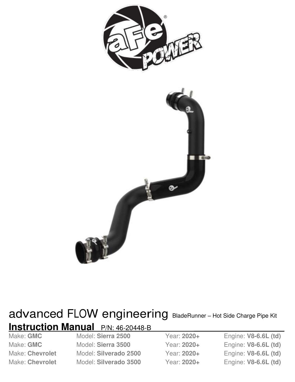 aFe 20-23 GM Diesel V8 6.6L BladeRunner 3in Aluminum Hot Charge Pipe | GM 20-26 (46-20448-B)