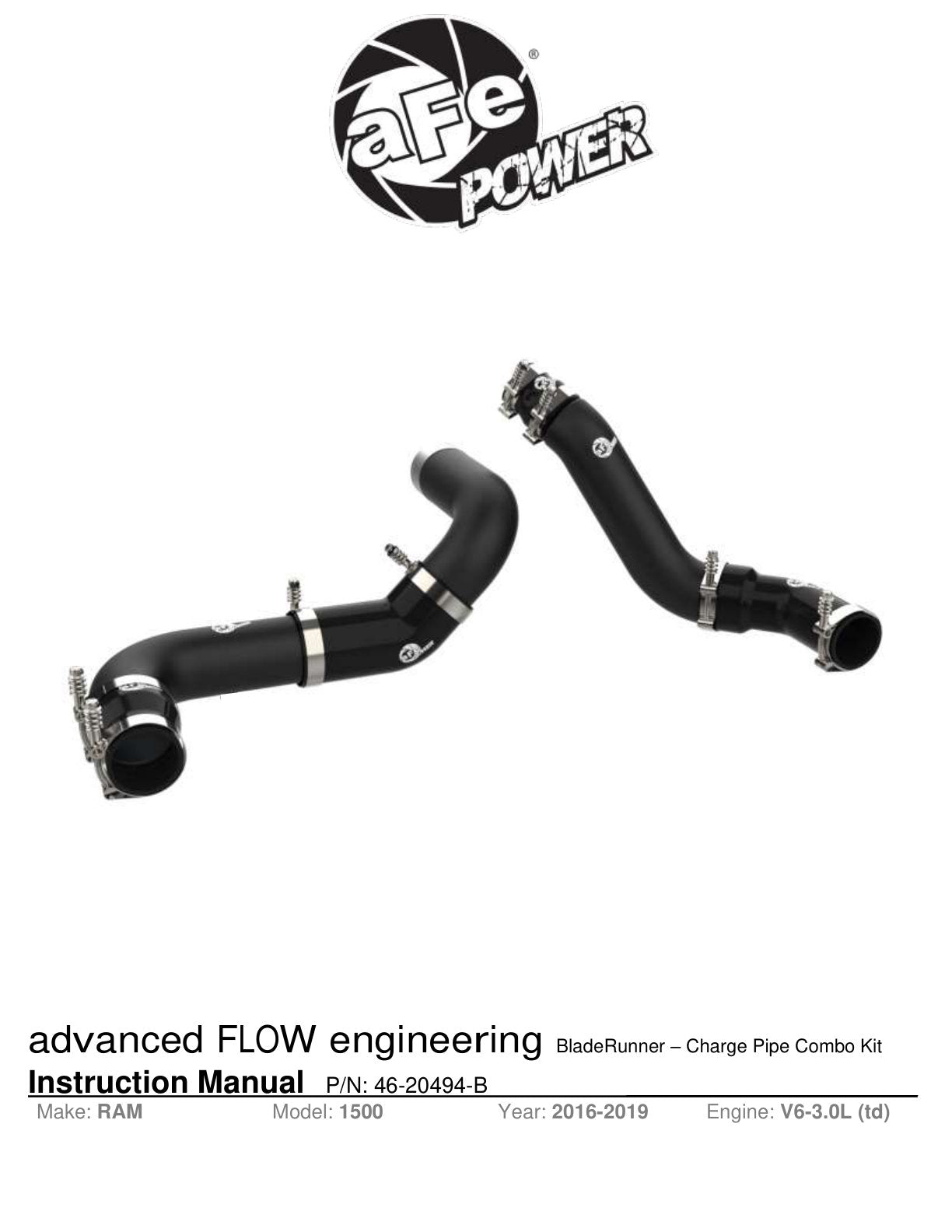 aFe BladeRunner 3in Aluminum Hot & Cold Charge Pipe Kit | RAM 1500 V6 3.0L (16-19) (46-20494-B)