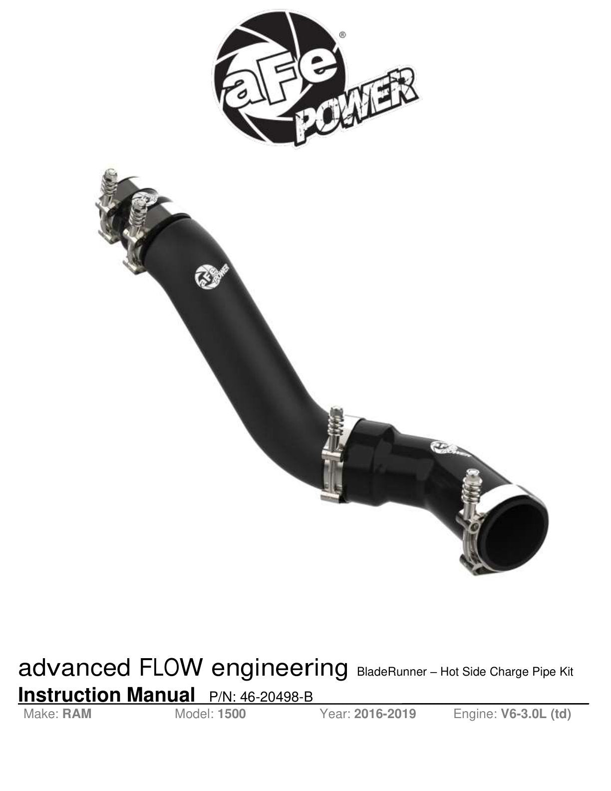 aFe 3in Aluminum Hot Charge Pipe | RAM 1500 V6 3.0L (16-19) (46-20498-B)