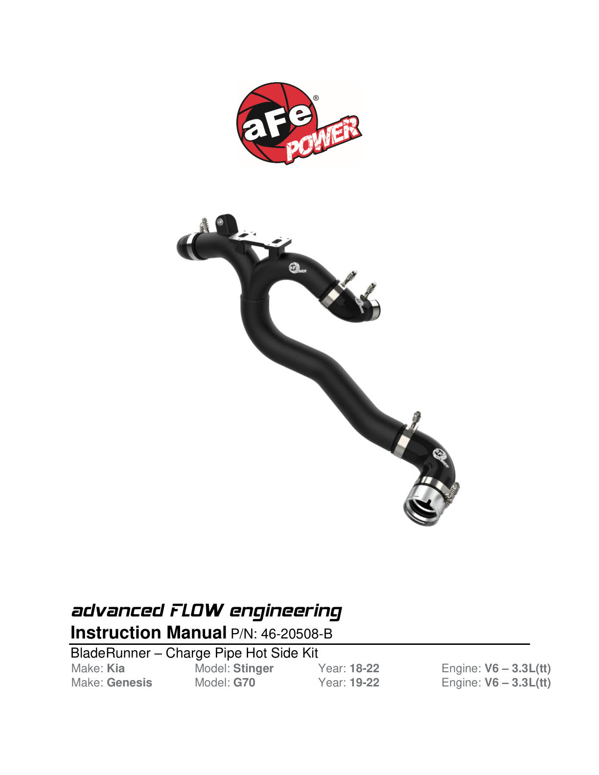 aFe BladeRunner Hot Charge Pipe SS - Black | Kia Stinger V6-3.3L (18-22) (46-20508-B)
