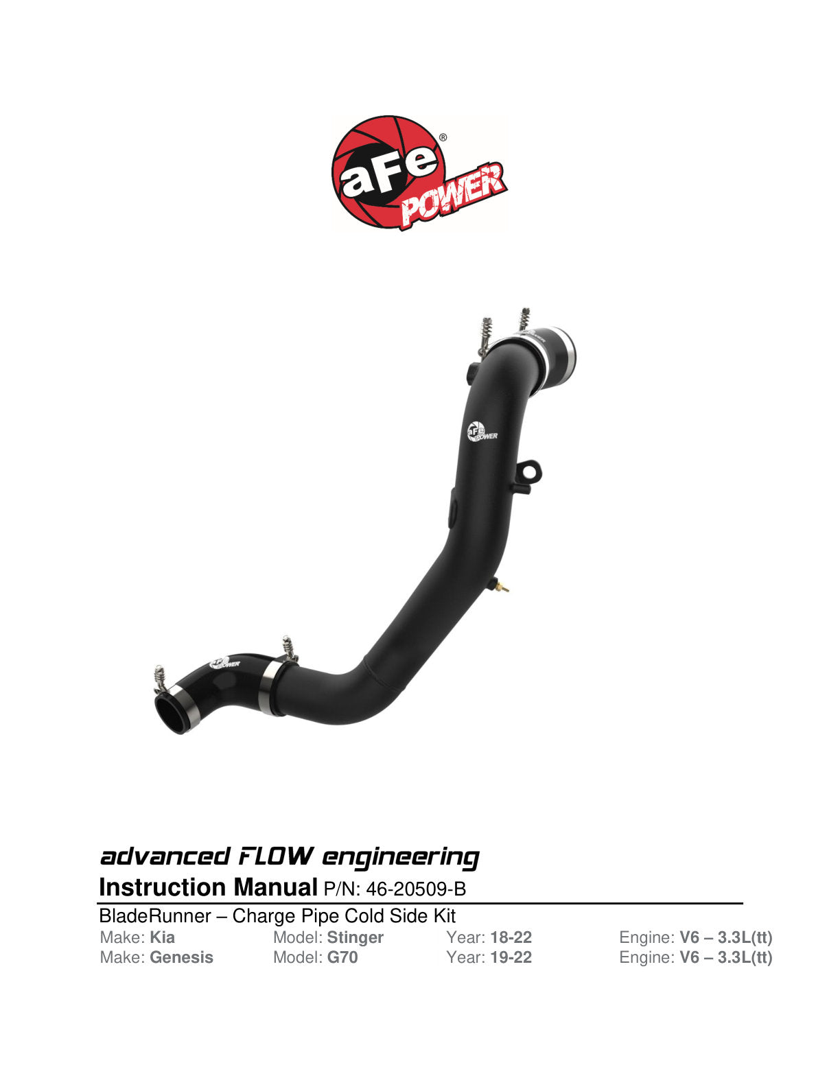 aFe BladeRunner Cold Charge Pipe Black | Kia Stinger V6-3.3L (18-22) (46-20509-B)