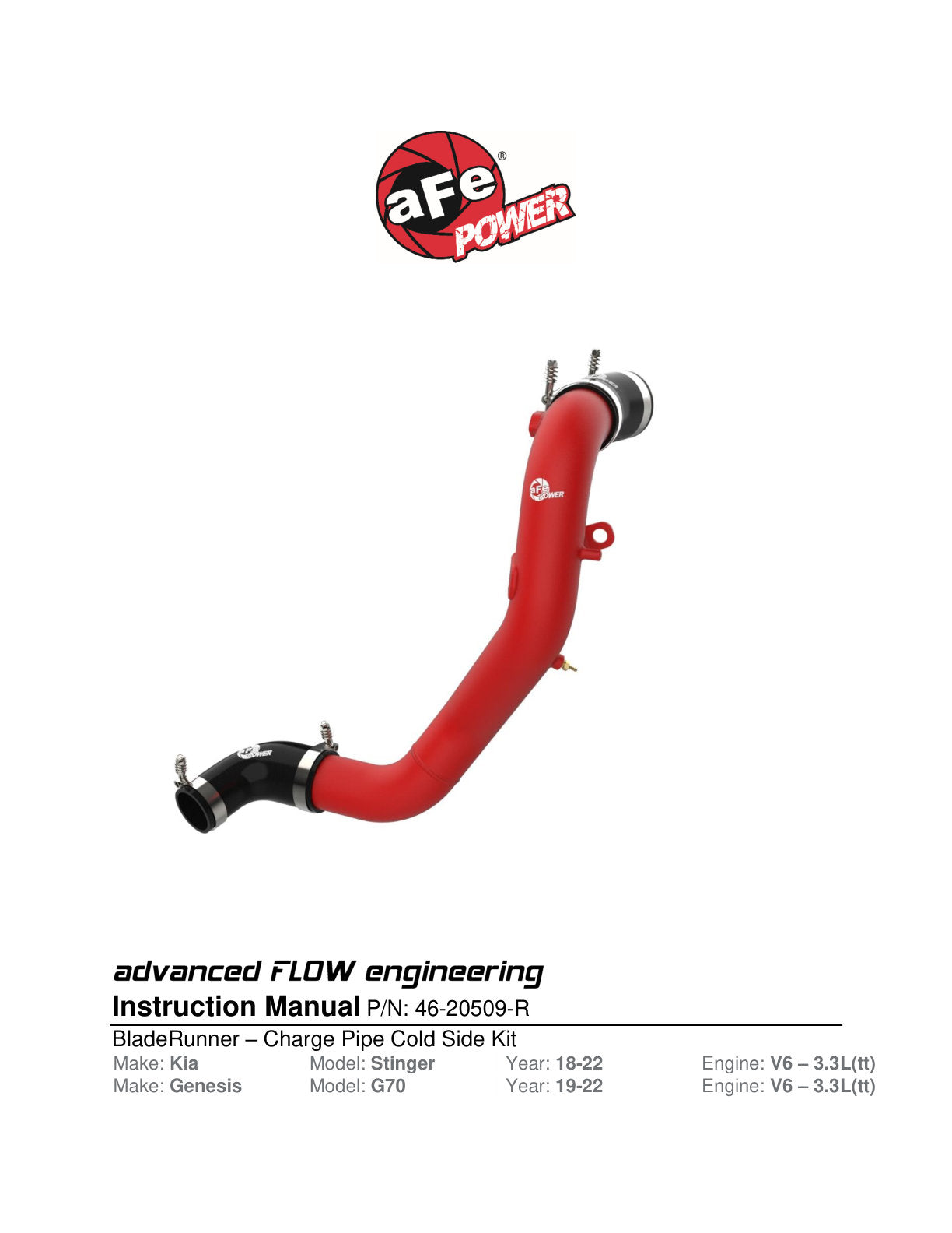 aFe BladeRunner Red Cold Charge Pipe | Kia Stinger V6-3.3L TT (18-22) (46-20509-R)