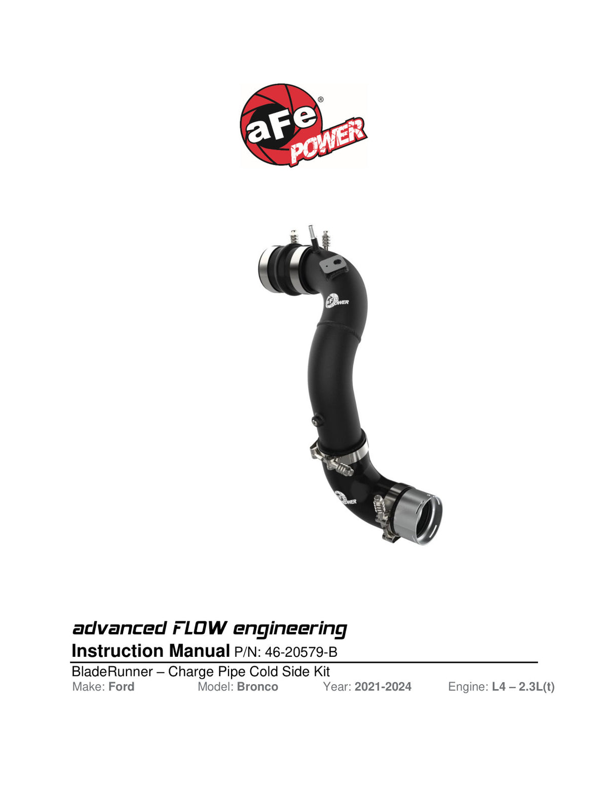 aFe BladeRunner 3in Aluminum Cold Charge Pipe | Ford Bronco (21-26) (46-20579-B)