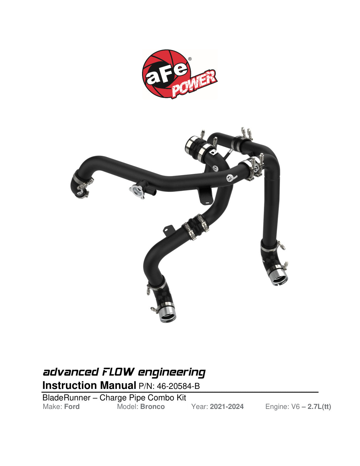 aFe BladeRunner Alum Hot & Cold Charge Pipe Kit - Black | Ford Bronco V6-2.7Ltt (21-23) (46-20584-B)