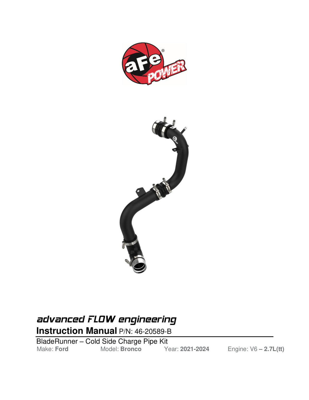 aFe BladeRunner 2.75in Alum Cold Charge Pipe | Ford Bronco VI (U725) (46-20589-B)