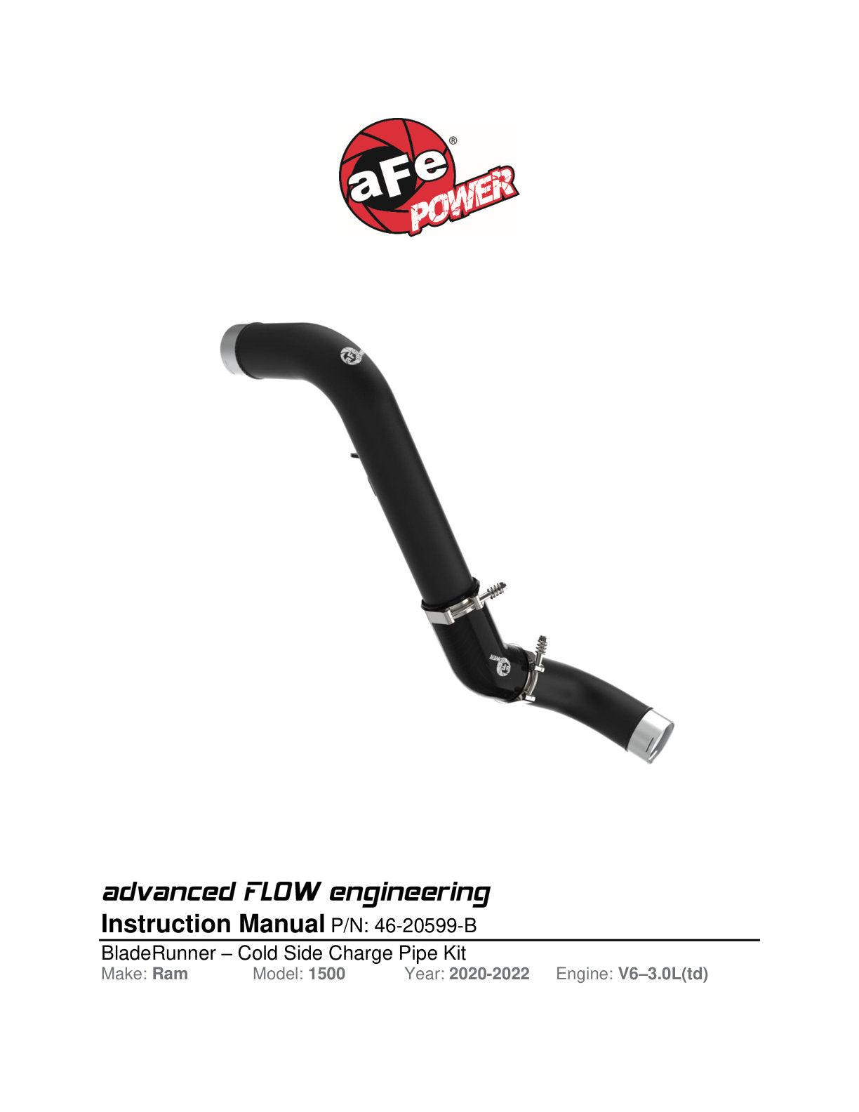 aFe BladeRunner 20-22 V6-3.0L Cold Charge Pipe | Dodge 1500 Classic/DT/TRX (46-20599-B)