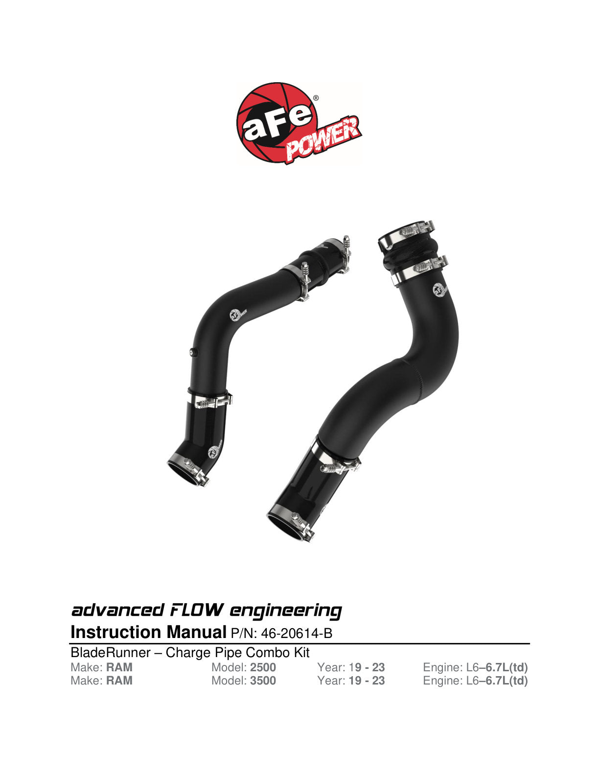 aFe BladeRunner Aluminum Hot & Cold Charge Pipe Kit Black | RAM Diesel Trucks L6-6.7L (19-23) (46-20614-B)