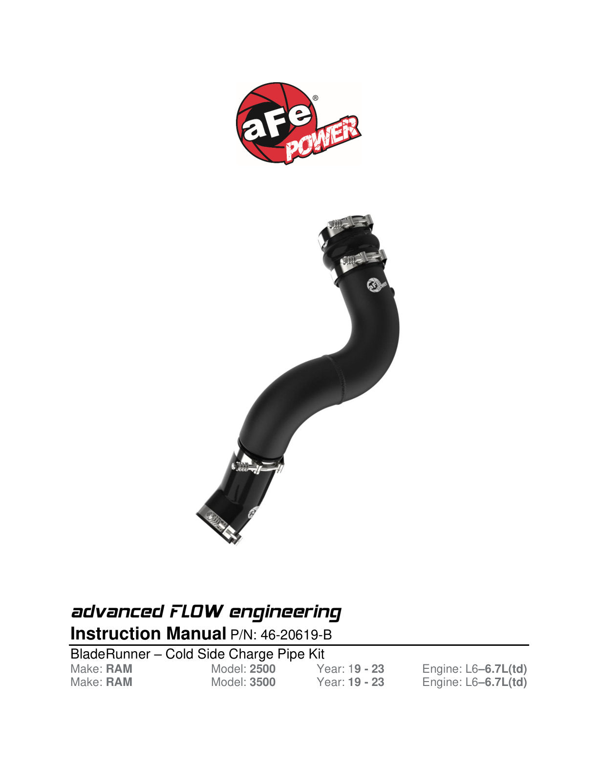 aFe BladeRunner 3.5in Aluminum Cold Charge Pipe | RAM 1500/2500 19-23 (46-20619-B)