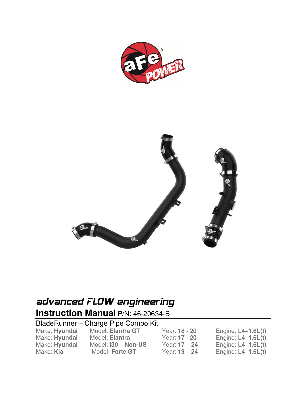 aFe BladeRunner Aluminum Hot & Cold Charge Pipe Kit | Hyundai Elantra GT 17-20 (46-20634-B)