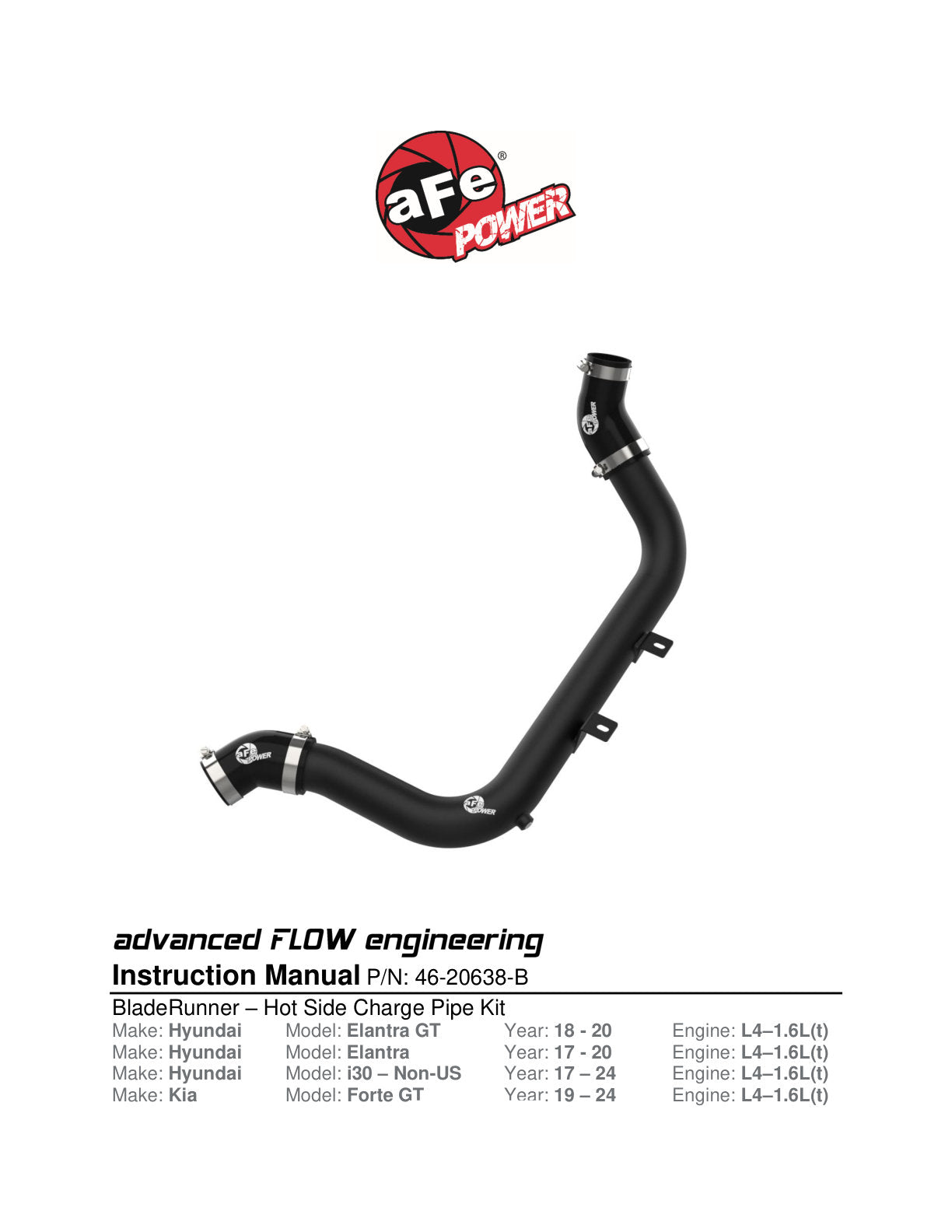 aFe BladeRunner 2-1/4" Aluminum Hot Charge Pipe Black | Hyundai Elantra GT 2017-20 L4-1.6L (46-20638-B)