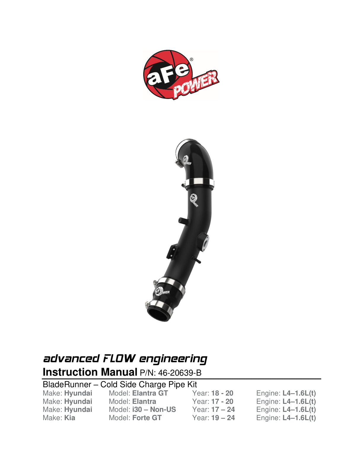aFe BladeRunner 2.5" Aluminum Cold Charge Pipe w/ SS Clamps | Hyundai Elantra GT L4-1.6L (17-20) (46-20639-B)