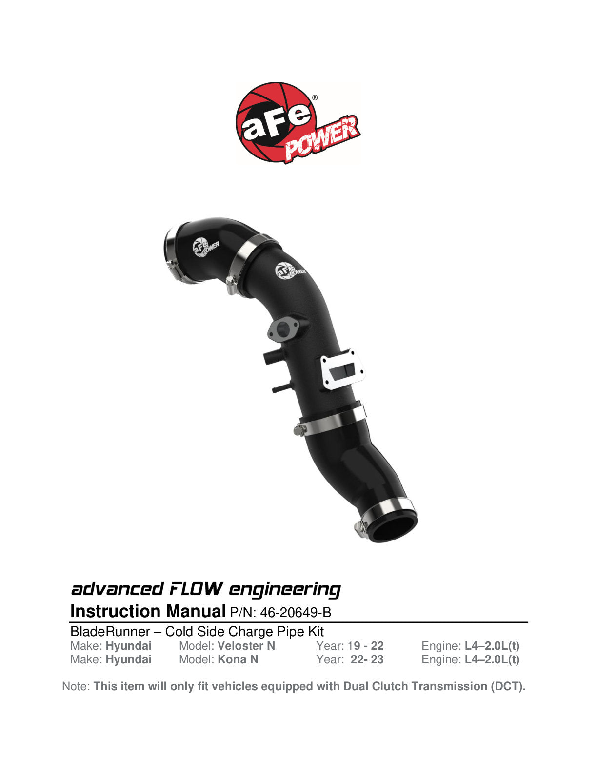 aFe 2-3/4in BladeRunner Aluminum Cold Charge Pipe - Black | Hyundai Veloster N 2.0L (19-22) (46-20649-B)