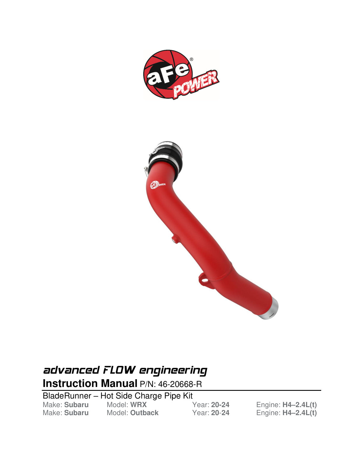 aFe 2.5" Aluminum Hot Charge Pipe Red | Subaru WRX H4-2.4L (22-23) (46-20668-R)