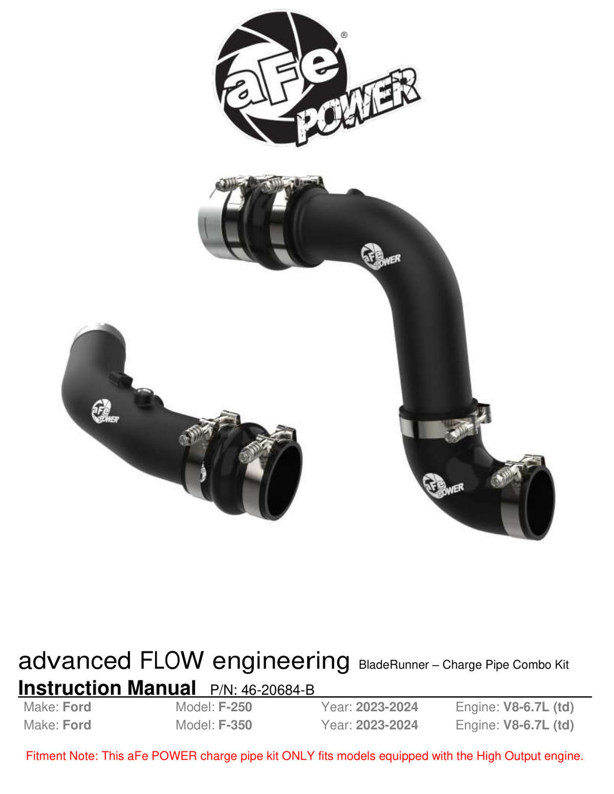 aFe BladeRunner 3in Aluminum Charge Pipe | Ford F250/F350 Super Duty (46-20684-B)