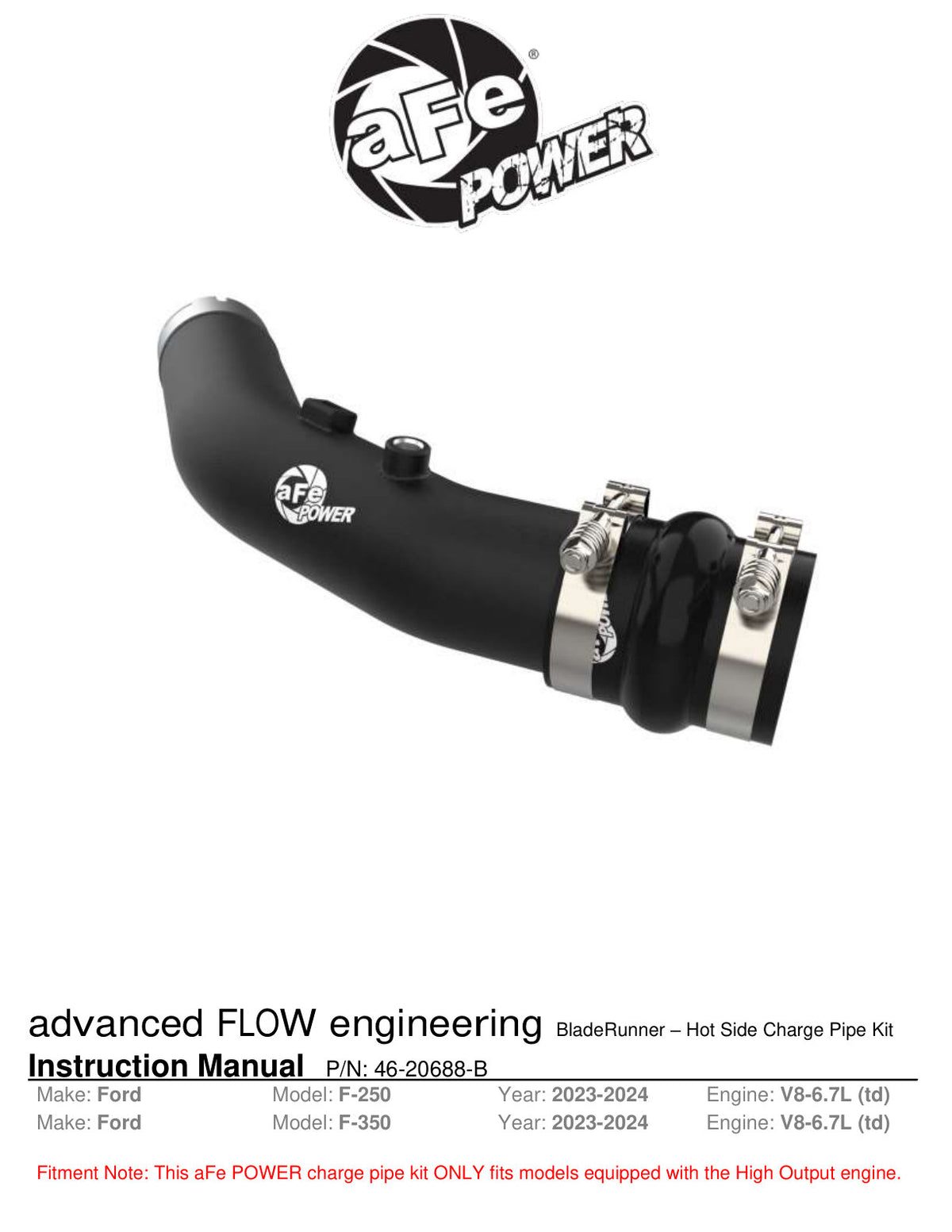 aFe BladeRunner 3in AL Hot Charge Pipe | Ford F250/F350 V8-6.7L (46-20688-B)