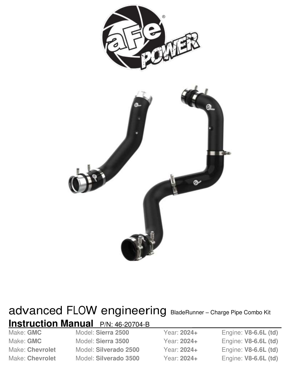 aFe V8 6.6L L5P BladeRunner Aluminum Charge Pipe | Chevy Silverado/GMC Sierra (20-26) (46-20704-B)