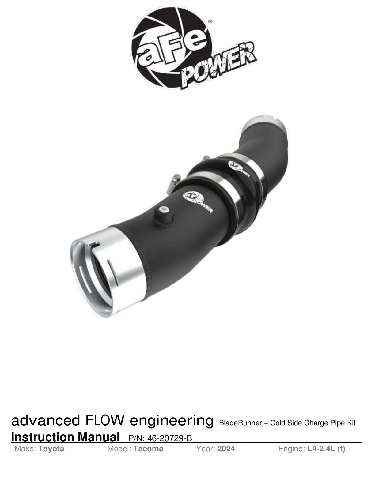 aFe 3in Aluminum Cold Charge Pipe | Toyota Tacoma L4 2.4L 2024 (46-20729-B)