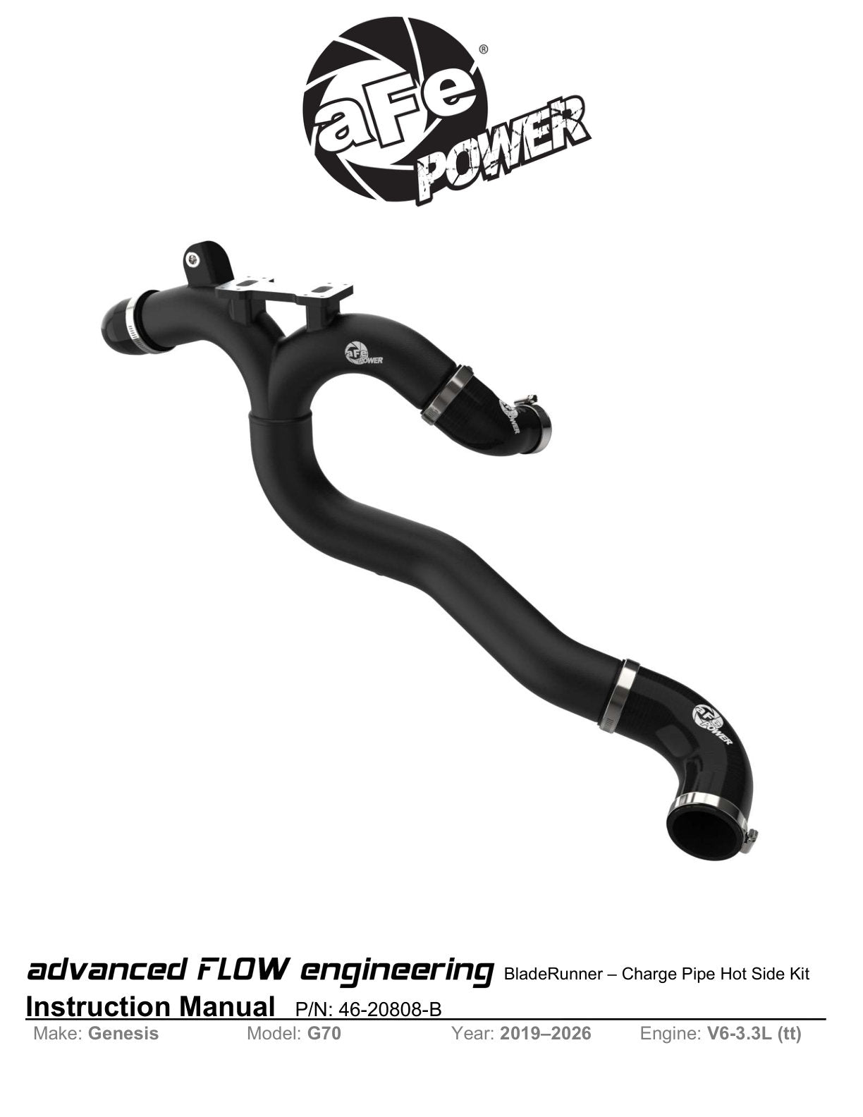 aFe 46-20808-B BladeRunner Aluminum Hot Charge Pipe Black For Genesis G70