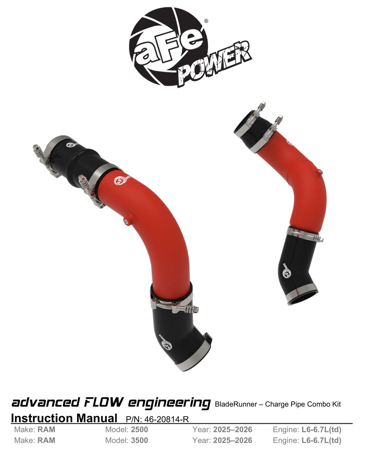 aFe 46-20814-R Hot & Cold Charge Pipe Kit Red For RAM 25-26 6.7L L6