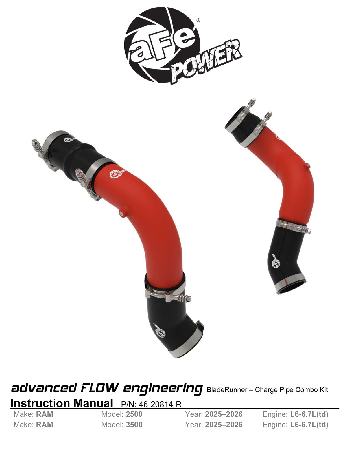 aFe 46-20814-R Hot & Cold Charge Pipe Kit Red For RAM 25-26 6.7L L6