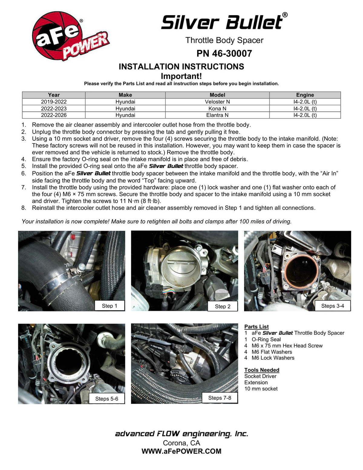 aFe Silver Bullet Throttle Body Spacer Kit Hyundai Veloster N 19-22/Elantra N 22-26 L4-2.0L (t)