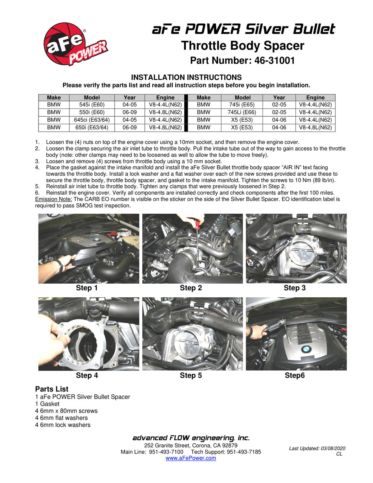 aFe Silver Bullet Throttle Body Spacer | BMW E53/E60/E63 (04-09) (46-31001)