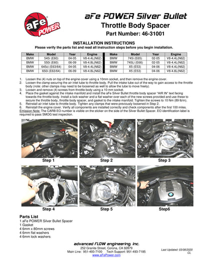 aFe Silver Bullet Throttle Body Spacer | BMW E53/E60/E63 (04-09) (46-31001)