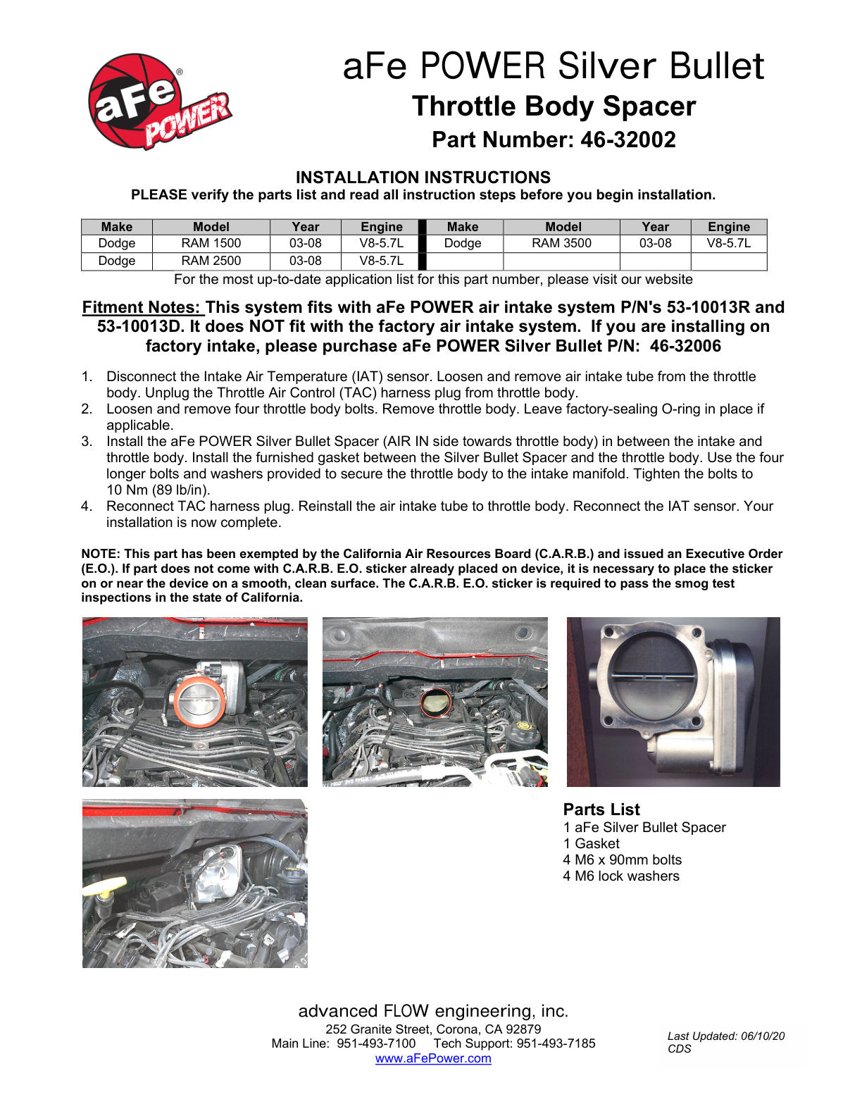 aFe Silver Bullet Throttle Body Spacer Kit | Dodge Ram V8-5.7L (03-08) (46-32002)