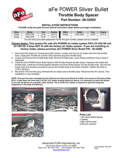 aFe Silver Bullet Throttle Body Spacer Kit | Dodge Ram V8-5.7L (03-08) (46-32002)
