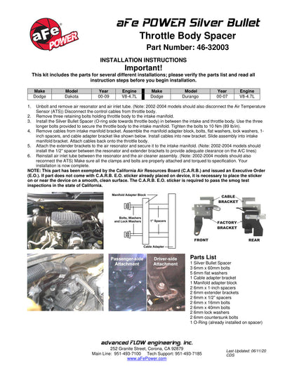aFe Silver Bullet Throttle Body Spacer | Dodge 00-09 V8 4.7/5.7L HEMI (46-32003)