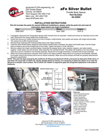 aFe Silver Bullet Throttle Body Spacer Kit | Dodge Ram 1500 V8-4.7L (03-07) (46-32004)