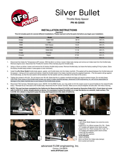 aFe Silver Bullet Throttle Body Spacer Kit | Dodge Trucks V8-5.7L (09) (46-32005)