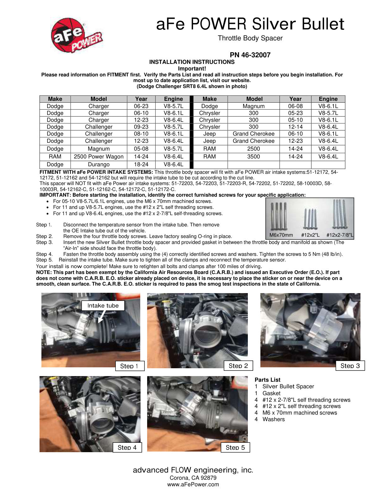 aFe Silver Bullet Throttle Body Spacer Kit | Dodge Challenger SRT8 (11-12) V8-6.4L (46-32007)