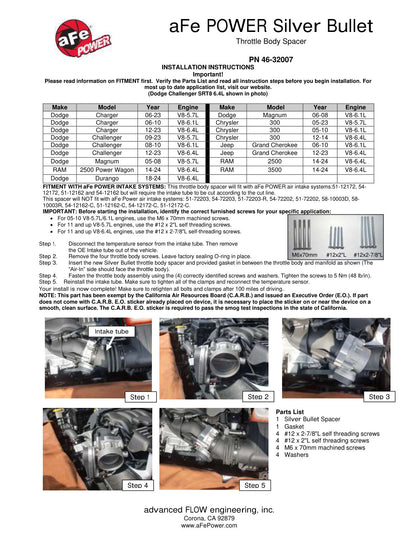 aFe Silver Bullet Throttle Body Spacer Kit | Dodge Challenger SRT8 (11-12) V8-6.4L (46-32007)