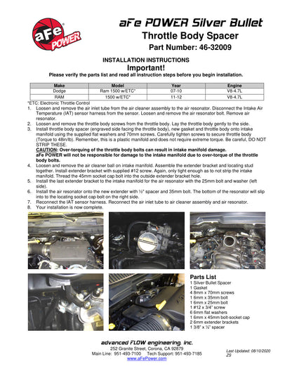 aFe Silver Bullet Throttle Spacer | Dodge Ram 1500/3500 (02-18) (46-32009)